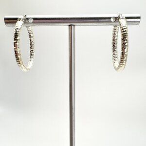 VTG Sterling Silver 925 Textured Elongated Hoop Earrings Size 1" Length